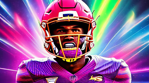 An AI rendering of Arkansas quarterback KJ Jefferson.